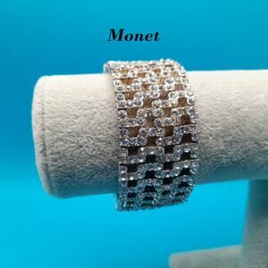 Vintage Monet Stretch Bracelet, Clear Rhinestones, Wide Bracelet